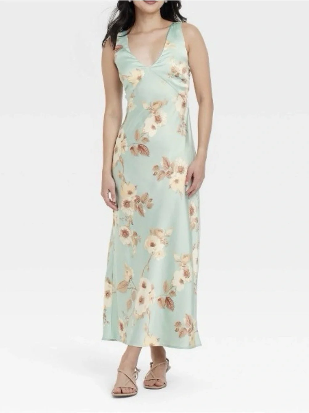 D255 NWT A New Day Floral Satin V Neck Maxi Slip Dress - Size: Large